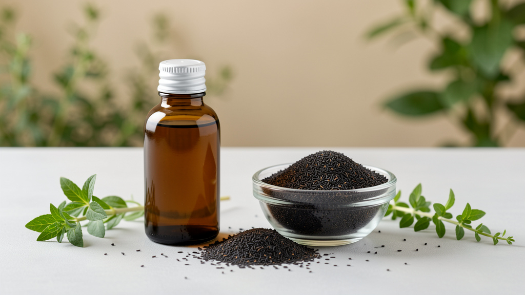 l'huile de nigelle avec des accessoires de soin capillaire dans un cadre naturel et lumineux