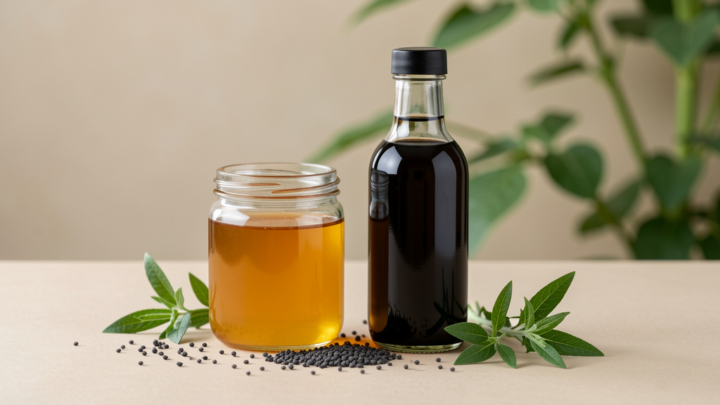 Flacon de miel de nigelle obtenu grâce au butinage des fleurs de nigelle