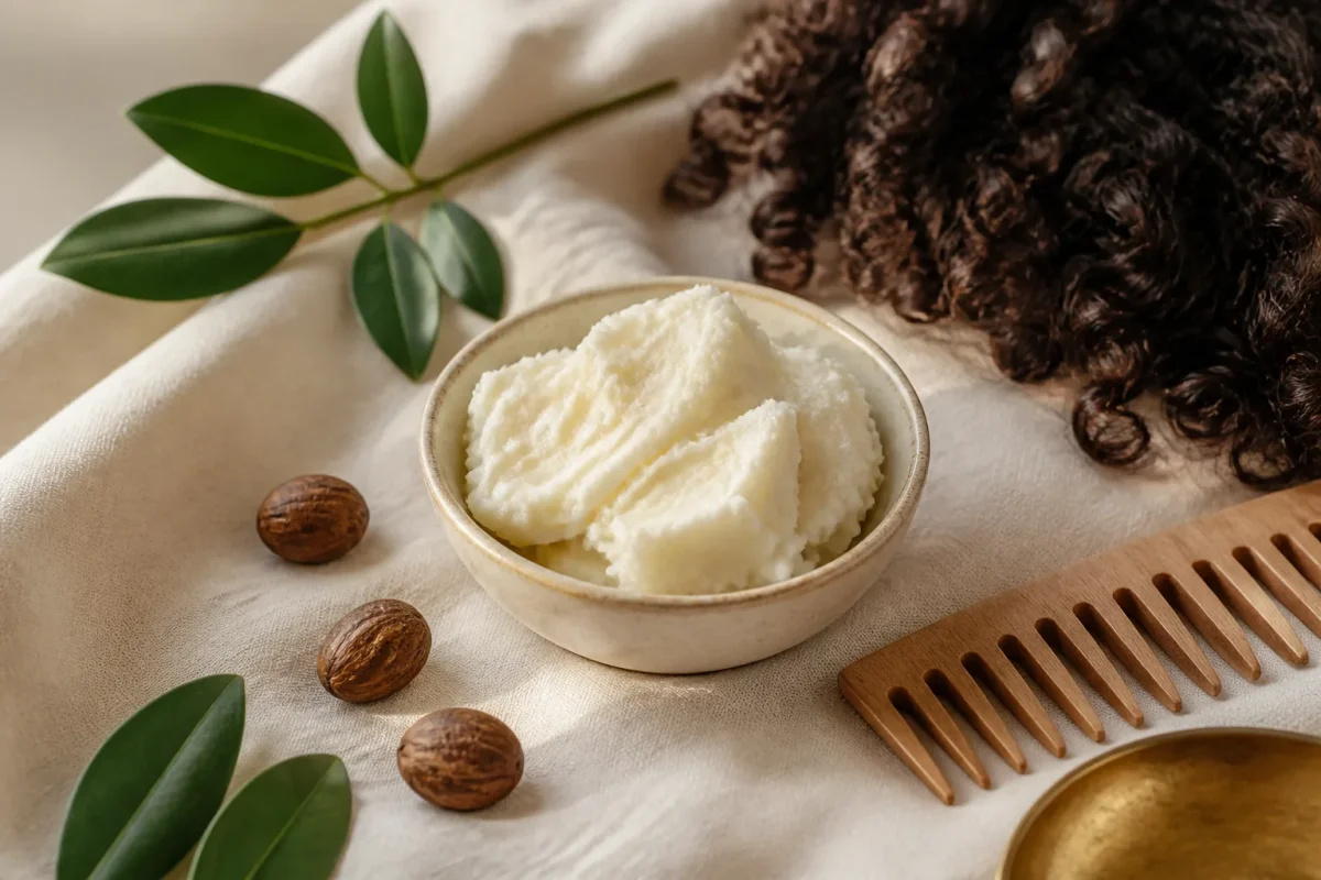 Beurre de karité brut, peigne en bois et cheveux bouclés