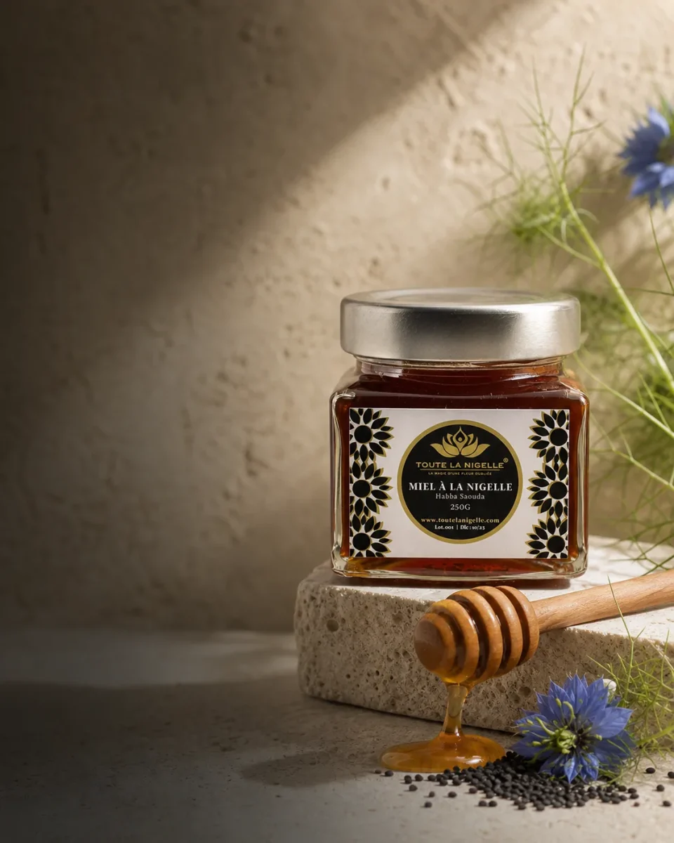 Miel à la nigelle Toute La Nigelle dans un décor naturel avec fleurs de nigelle
