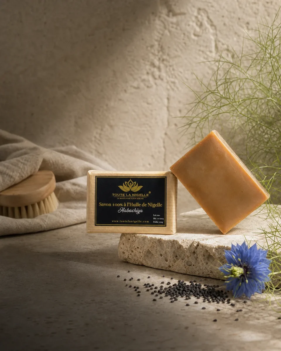 Savon à l’huile de nigelle Habachia Toute La Nigelle dans un décor naturel
