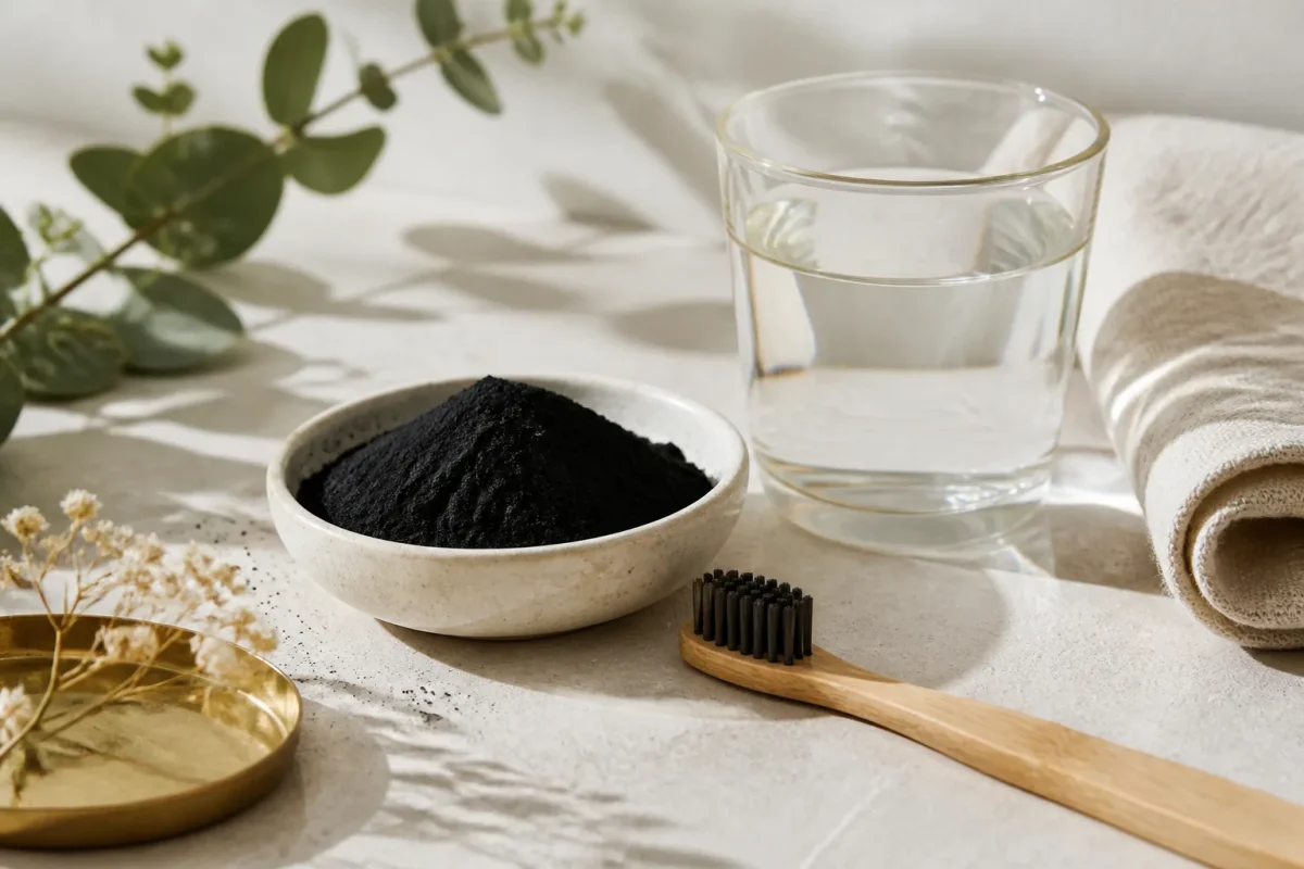 Charbon actif en poudre, brosse à dents en bambou et verre d’eau