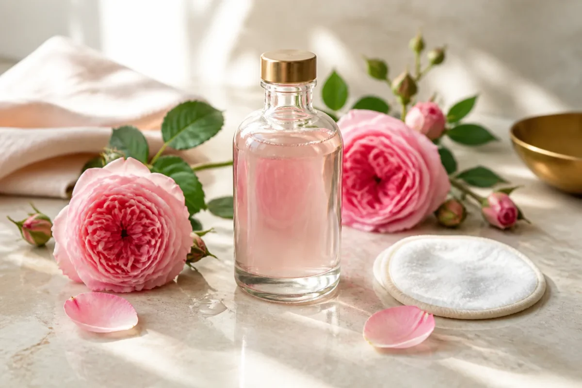 Flacon d’eau de rose, roses de Damas et coton réutilisable