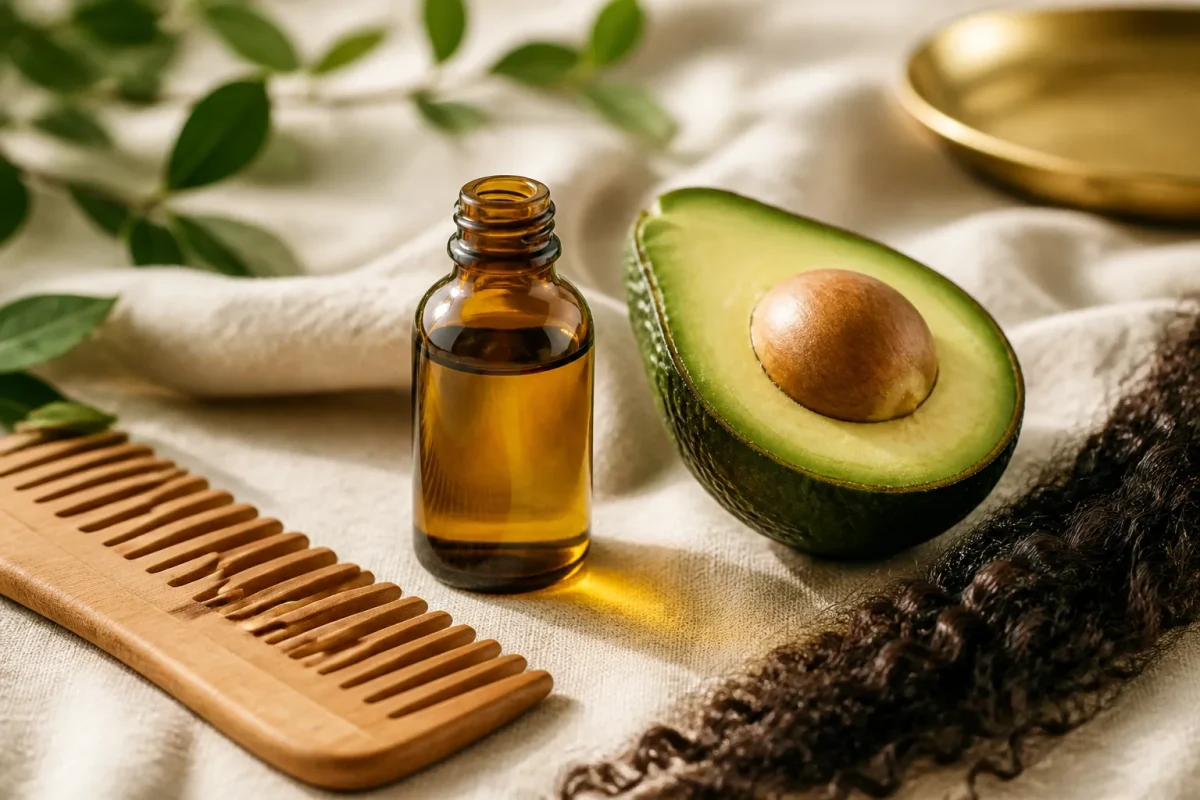 Huile d’avocat, avocat frais, peigne en bois et cheveux bouclés