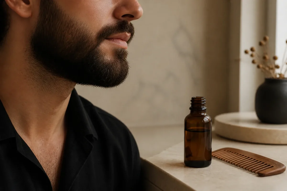 Barbe soignée, flacon d’huile de ricin et peigne en bois