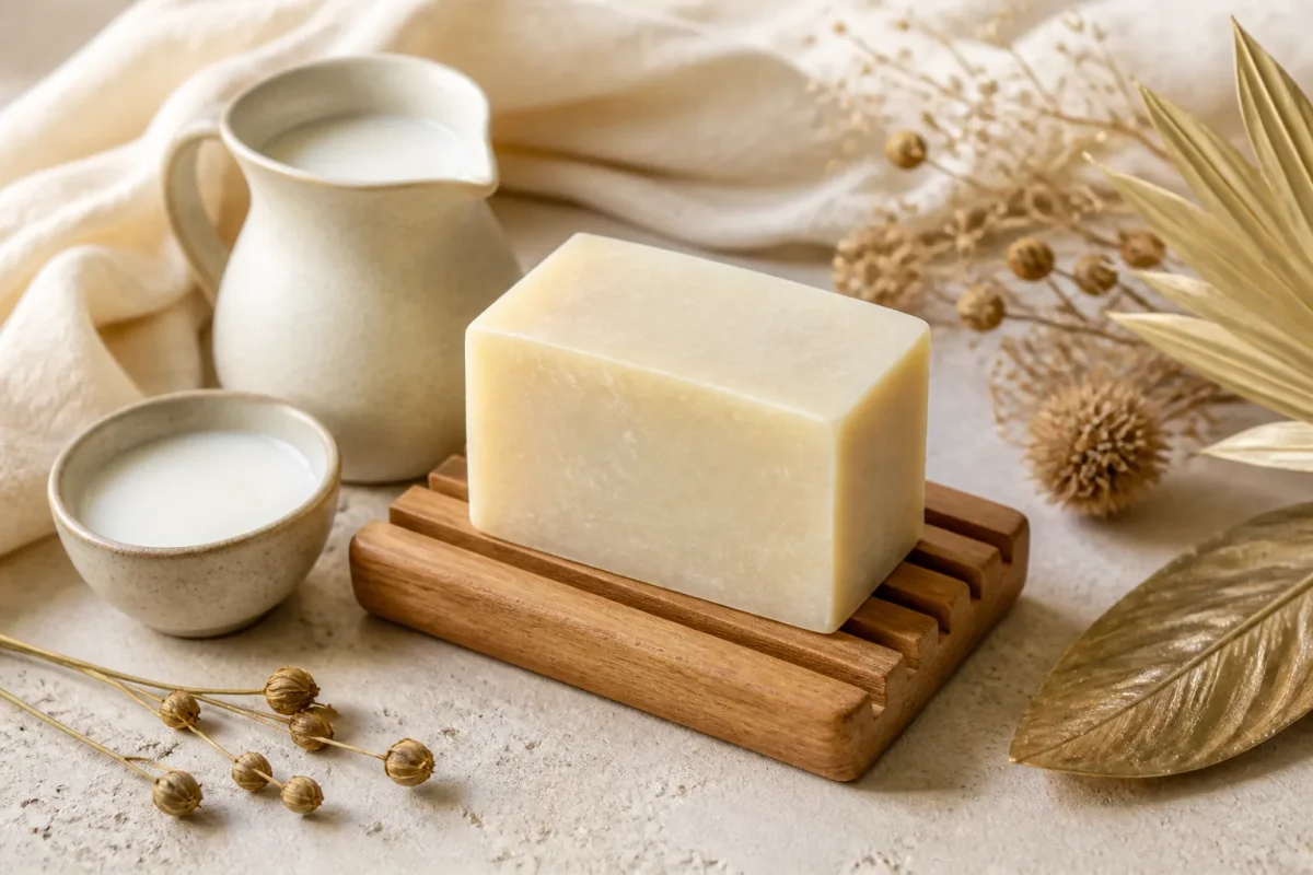 Savon artisanal au lait de chamelle sur un porte-savon en bois