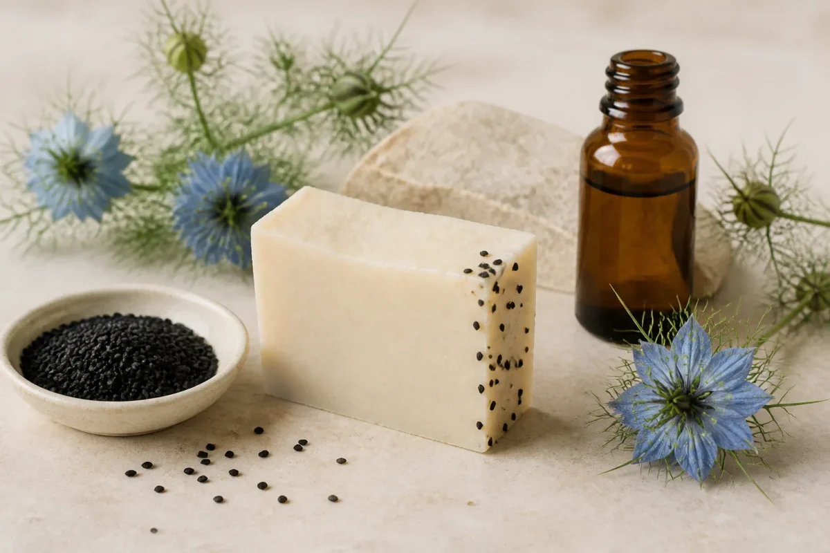 Savon artisanal à la nigelle, graines noires et fleurs de nigelle