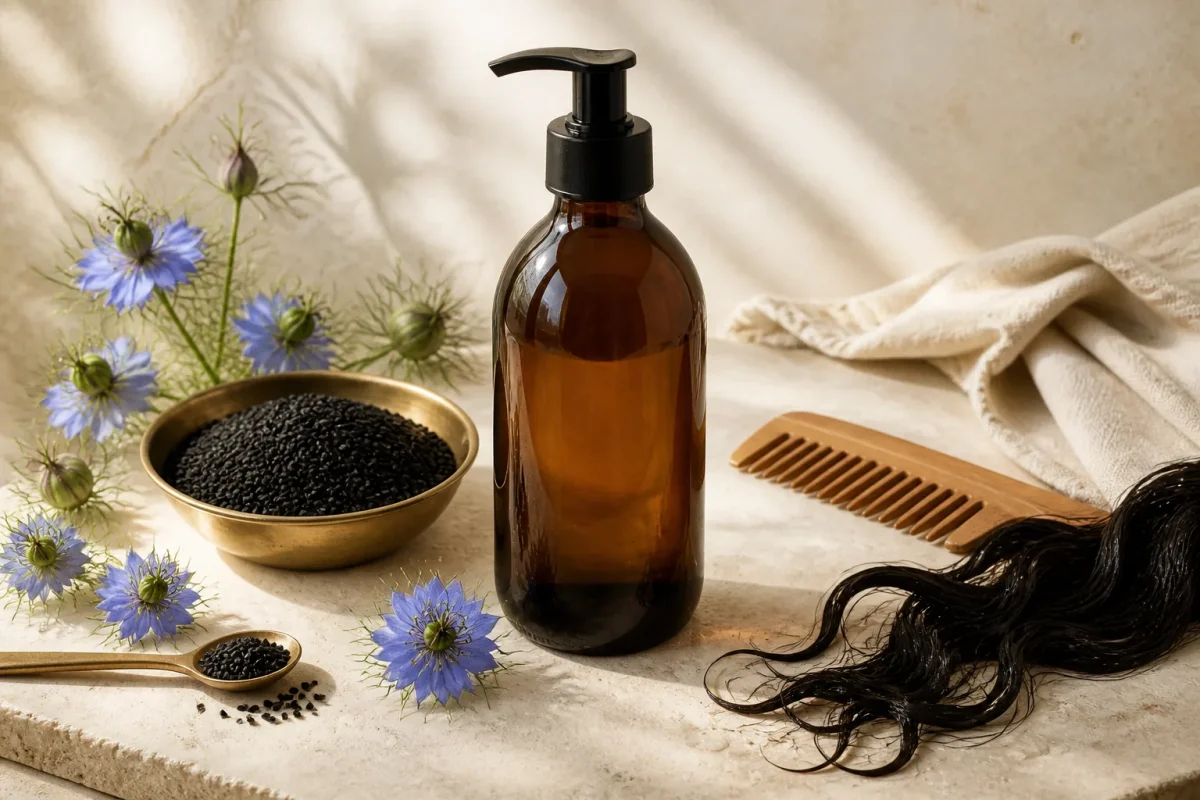 Shampoing à la nigelle, graines noires, fleurs bleues et peigne en bois